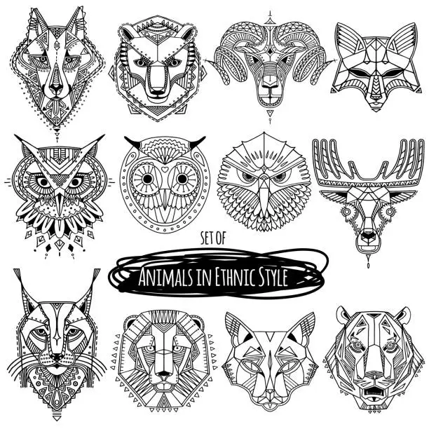 Vector illustration of Set of 12 drawings of wild animals in ethnic style