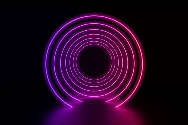 3 d レンダリングの抽象的な背景、円光る線、光のトンネル、ネオン、バーチャルリアリティの概念。 - blurred motion circle reflection illuminated ストックフォトと画像
