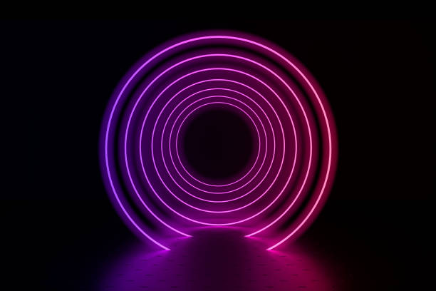 istock 3d render abstract background, circle glowing lines, light tunnels, neon lights, virtual reality concept. 1084199644