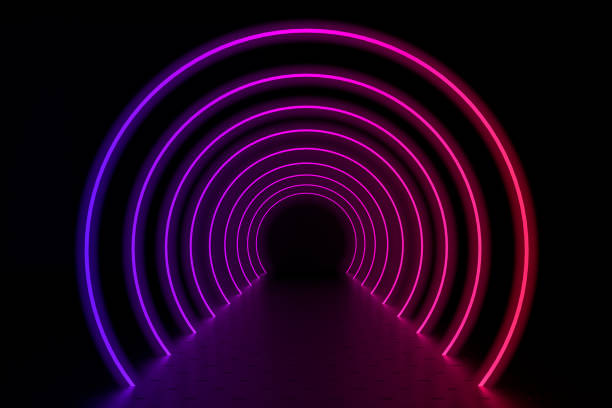 3 d レンダリングの抽象的な背景、円光る線、光のトンネル、ネオン、バーチャルリアリティの概念。 - blurred motion circle reflection illuminated ストックフォトと画像