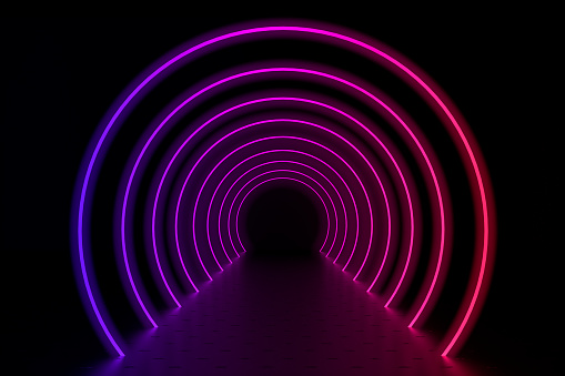 3d render  glowing lines, light tunnels, neon lights, virtual reality concept on black abstract background.