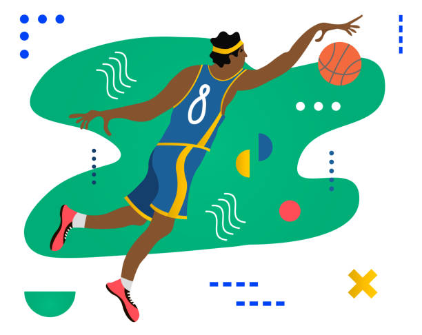ilustrações, clipart, desenhos animados e ícones de jogador de basquete com bola. jogador de basquete fazendo slam dunk. ilustração em vetor criativas feita na composição abstrata - basketball vector dribbling illustration and painting