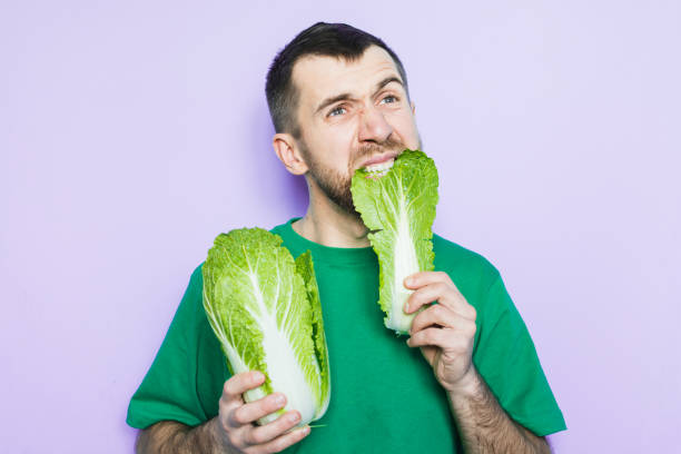 istock Young man biting on a leaf of Beijing napa cabbage 1084207822