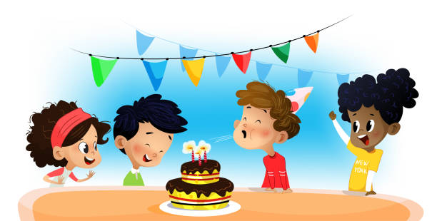 Happy group of children having fun Happy group of children having fun at birthday party. Vector cartoon Birthday  for Kids stock illustrations