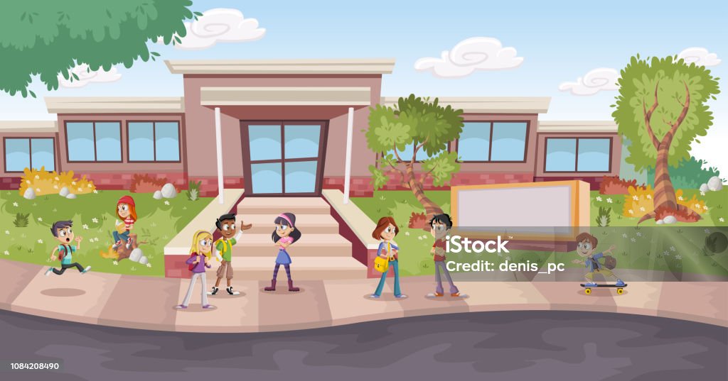 Cartoon Students In Front Of School Building Stock Illustration - Download  Image Now - Friendship, Backpack, Bag - iStock