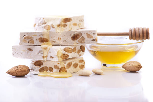 delicious artisan nougat in pieces with honey and almonds