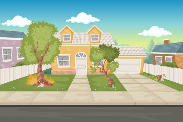 ilustrações, clipart, desenhos animados e ícones de casas coloridas dos desenhos animados. bairro de subúrbio. - sidewalk