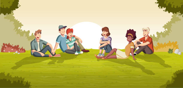 ilustrações de stock, clip art, desenhos animados e ícones de green park landscape with cartoon teenagers seated on the grass. - adult autumn backgrounds beauty