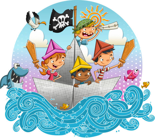istock Group of cartoon pirate kids sailing on paper boat. 1084213816