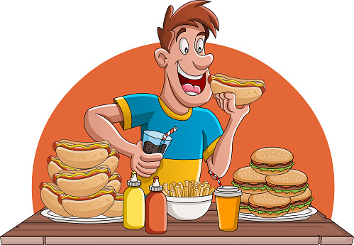 Ilustración de Gente De Dibujos Animados Hombre Comiendo Comida Chatarra y  más Vectores Libres de Derechos de Hamburguesa - Alimento - iStock