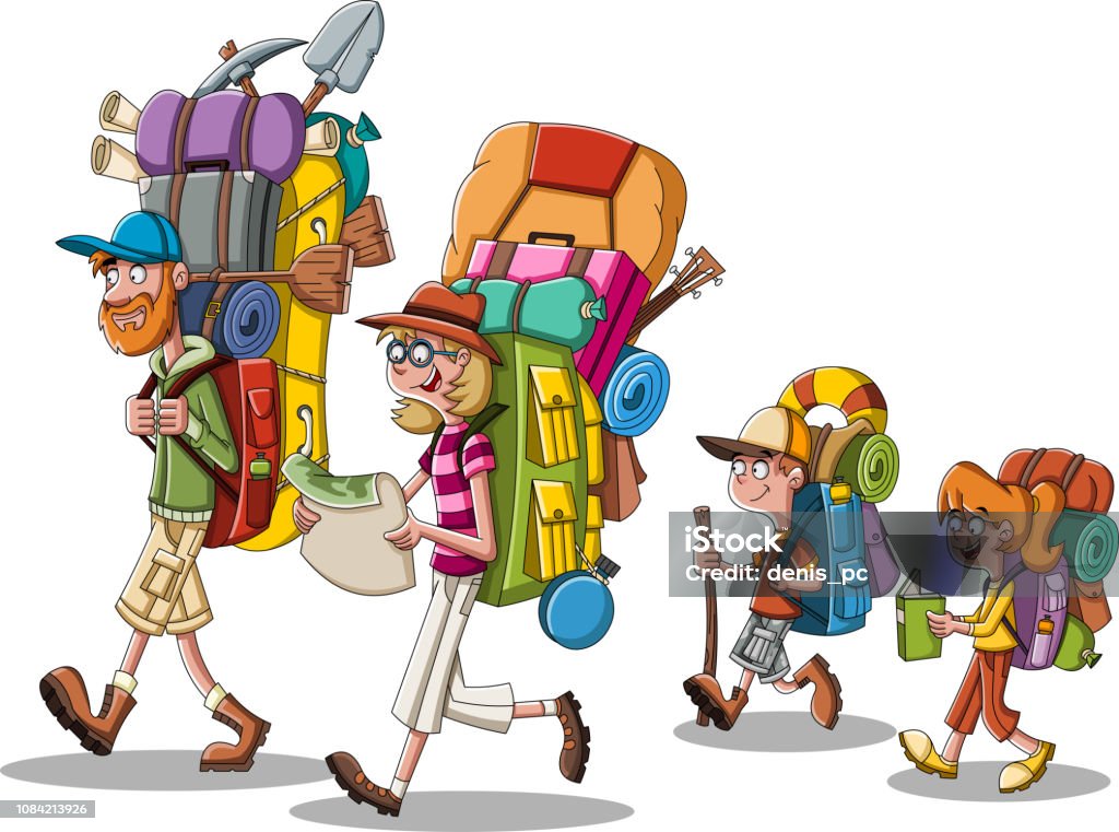 Cartoon Family With Big Backpacks People Carrying Camping Gears Stock  Illustration - Download Image Now - iStock