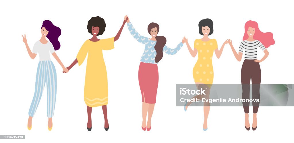 Diverse international group of standing women or girl holding hands. Sisterhood, friends, union of feminists. Flat vector illustration. Women stock vector