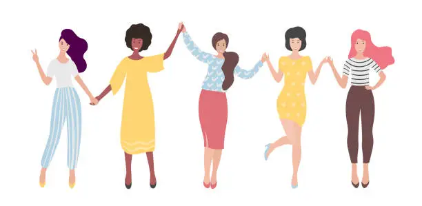 Vector illustration of Diverse international group of standing women or girl holding hands. Sisterhood, friends, union of feminists. Flat vector illustration.