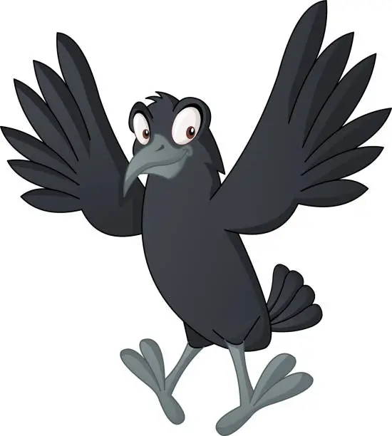 Vector illustration of Cartoon cute crow. Vector illustration of funny happy raven.