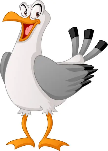 Vector illustration of Cartoon cute gull. Vector illustration of funny happy seagull.