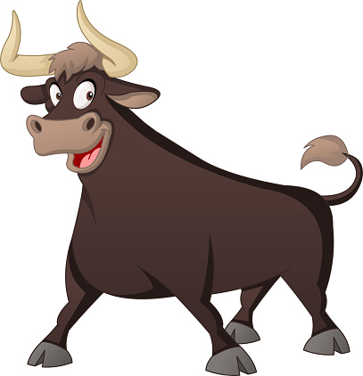 Cartoon cute bull. Vector illustration of funny happy animal.