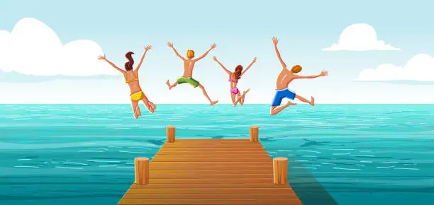 Vector illustration of Group of people jumping from wooden pier into the water. Family having fun jumping in the sea water.