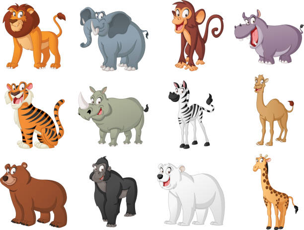 grupa dużych zwierząt z kreskówek. wektorowa ilustracja zabawnych szczęśliwych zwierząt. - animal herbivorous wildlife horizontal stock illustrations