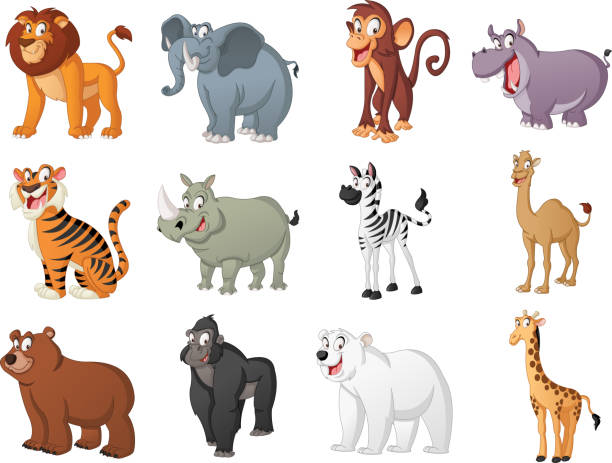 ilustrações de stock, clip art, desenhos animados e ícones de group of big cartoon animals. vector illustration of funny happy animals. - animal nose