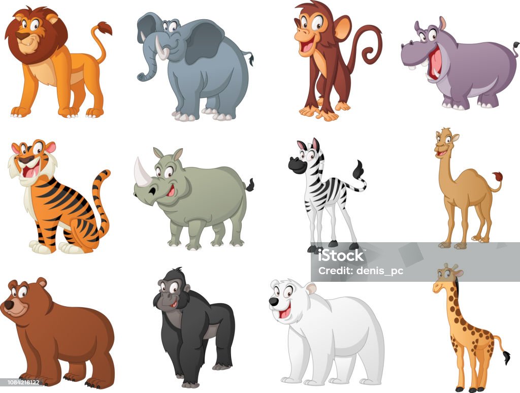 Group Of Big Cartoon Animals Vector Illustration Of Funny Happy Animals  Stock Illustration - Download Image Now - iStock