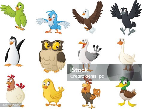 istock Group of cartoon birds. Vector illustration of funny happy animals. 1084218430