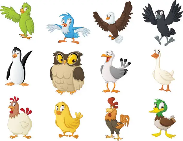 Vector illustration of Group of cartoon birds. Vector illustration of funny happy animals.