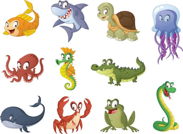 Vector illustration of Group of cartoon fish, reptiles and amphibians. Vector illustration of funny happy aquatic animals.