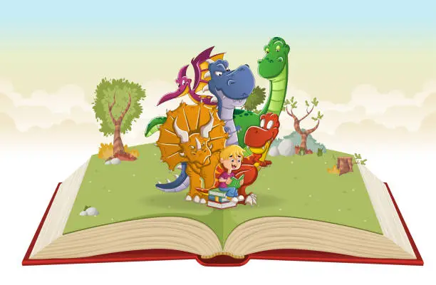 Vector illustration of Open book with cartoon boy reading a book to big dinosaurs