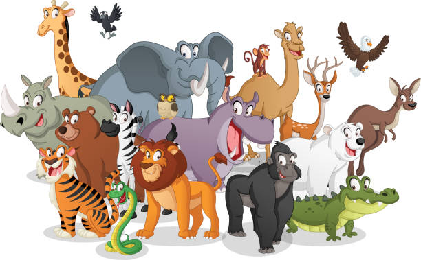 ilustraciones, imágenes clip art, dibujos animados e iconos de stock de grupo de animales de la historieta. ilustración vectorial de divertidos animales felices. - carnivore