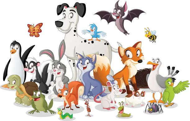 Vector illustration of Group of cartoon animals. Vector illustration of funny happy animals.