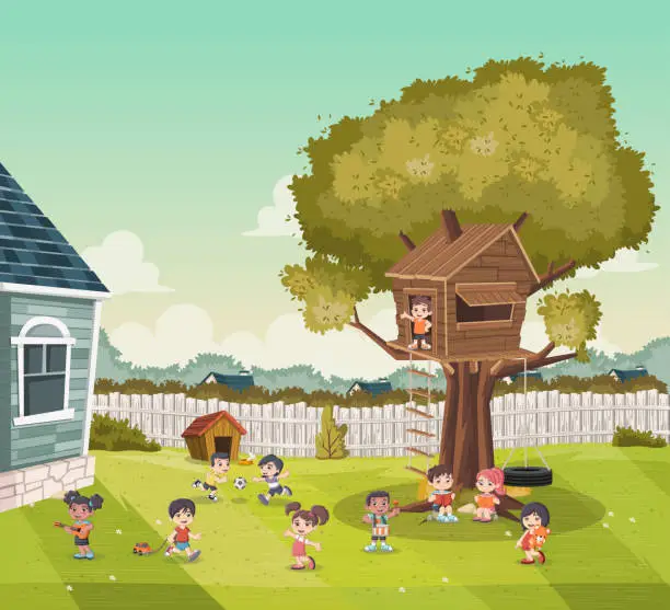 Vector illustration of Cartoon kids playing on the backyard of a colorful house in suburb neighborhood. Sports and recreation.