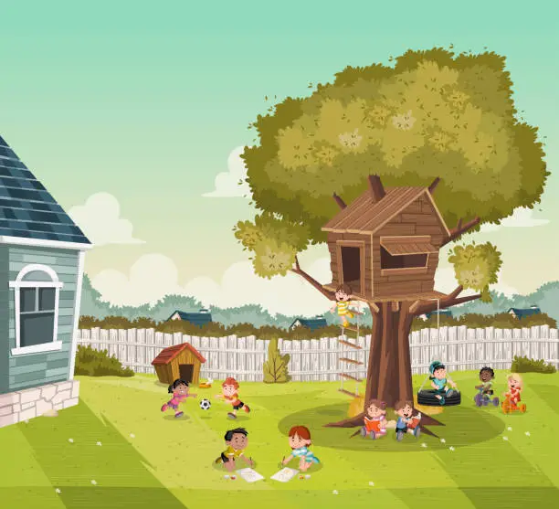 Vector illustration of Cartoon kids playing on the backyard of a colorful house in suburb neighborhood. Sports and recreation.
