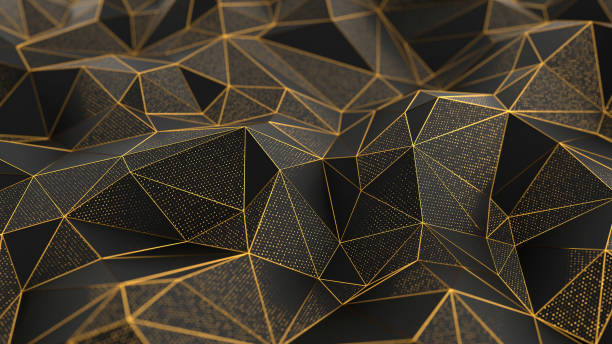 sfondo nero astratto low-poly con linee dorate - triangolo forma bidimensionale illustrazioni foto e immagini stock