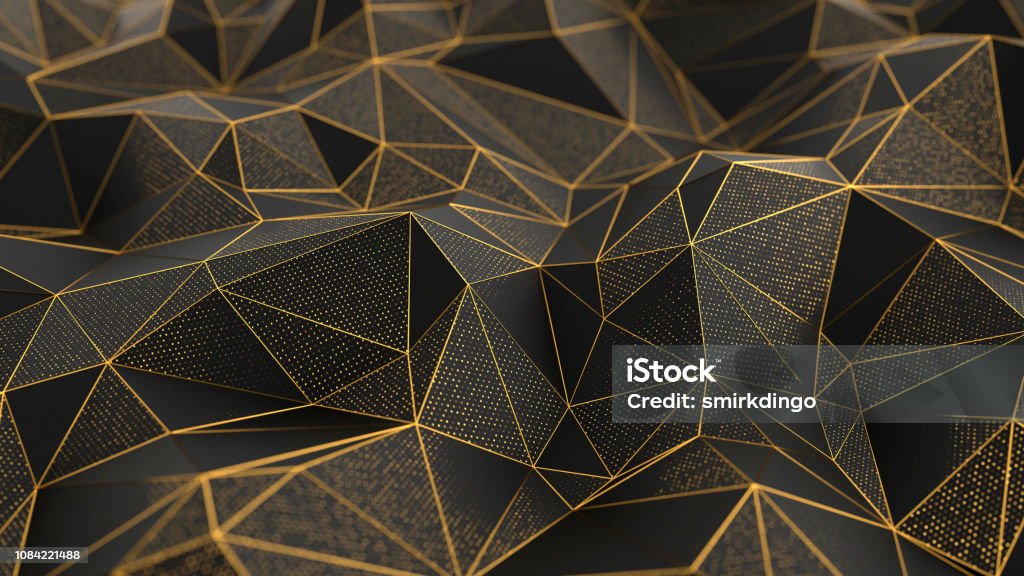 Abstract low-poly black background with golden lines Abstract low-poly black background with golden lines. 3d render illustration Gold - Metal Stock Photo