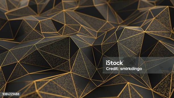 Abstract Lowpoly Black Background With Golden Lines Stock Photo - Download Image Now