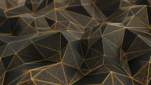 Abstract low-poly black background with golden lines. 3d render illustration