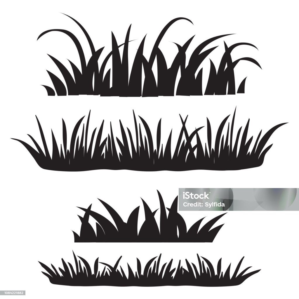 Jeu des silhouettes d’herbe, noir isolé sur fond blanc. Ensemble d’éléments de conception de la nature. Illustration vectorielle - clipart vectoriel de Herbe libre de droits