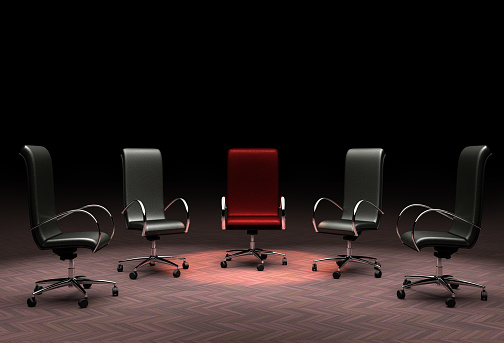 3D rendering of a group of office chairs representing the concepts of leadership, stand out from the crowd, different.