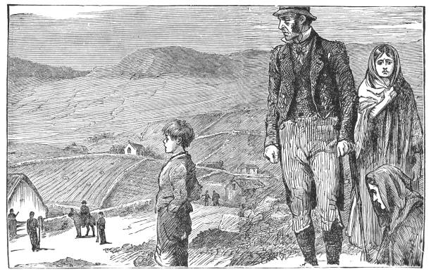 Family Being Evicted from their Home in Rural Ireland - 19th Century Family being evicted from their farmstead in rural Ireland during the Irish Famine, rural life in Ireland (circa 19th century). Vintage halftone etching circa late 19th century. history illustrations stock illustrations