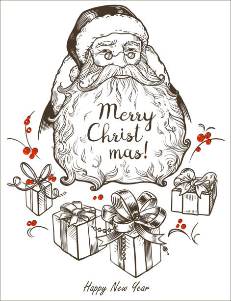 kartka z życzeniami ze świętym mikołajem, pudełka na prezenty i napis "wesołych świąt! szczęśliwego nowego roku" na białym tle - santa claus christmas glasses mustache stock illustrations
