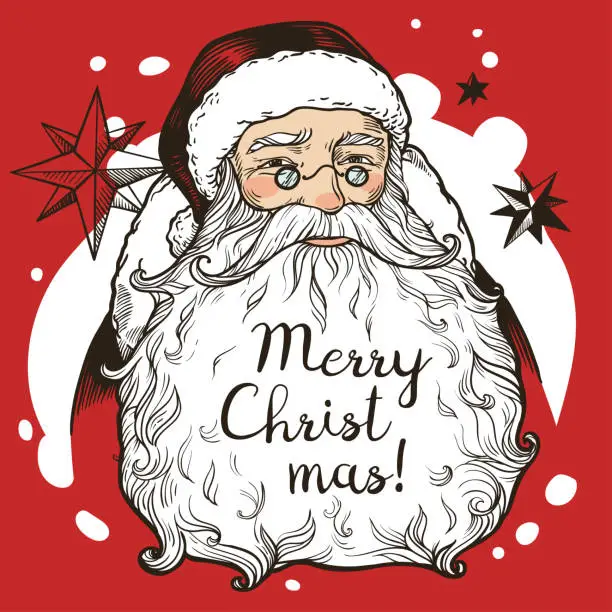 Vector illustration of Hand drawn Santa Claus with big beard and lettering 
