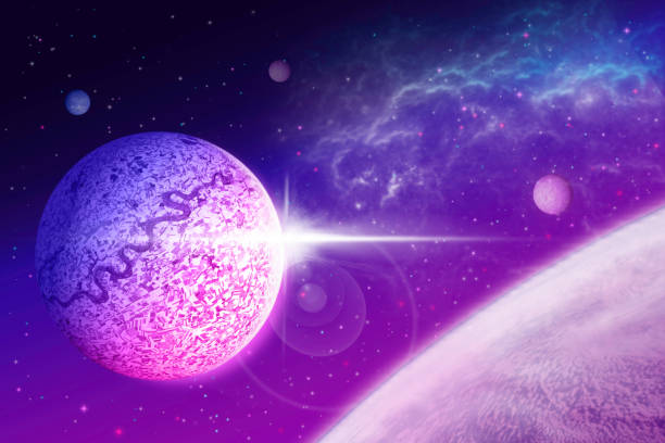 istock Science Fiction Wallpaper - Planets with star burst and nebula in outer space - Ultraviolet Lavender 1084229778