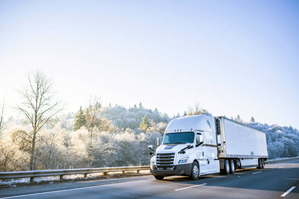 big rig biały technologiczny półciężarówka z chłodnią naczepę dzieje się na zimowej drodze z drzewami mrozu na wzgórzu - rime zdjęcia i obrazy z banku zdjęć