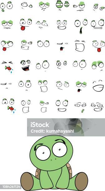 Cute Baby Plush Turtle Kawaii Style Cartoon Sitting Expressions Collection Set Stock Illustration - Download Image Now