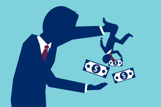 Vector concept of man shaking business partner to take all his money on blue background Vector concept of man shaking business partner to take all his money on blue background greedy stock illustrations