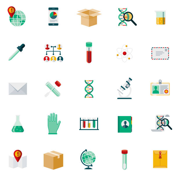 Genetic DNA Testing Icon Set A flat design styled icon set. Color swatches are global so it’s easy to edit and change the colors. genetic testing stock illustrations