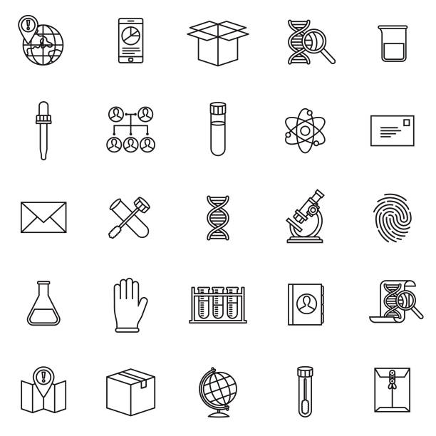 Genetic DNA Testing Icon Set A thin line icon set. Black and white line art. genetics icon stock illustrations