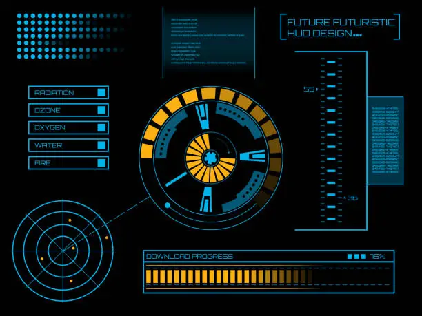 Vector illustration of Abstract future, concept vector futuristic virtual graphic touch user interface HUD. For web, site, mobile applications isolated on black background, techno, online design, business, gui, ui.