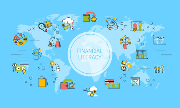 Financial literacy world map background saving money for educati Financial literacy world map background saving money for education concept vector illustration. Outline earth economy education banking investment design. Saving coins creation atlas. financial literacy stock illustrations