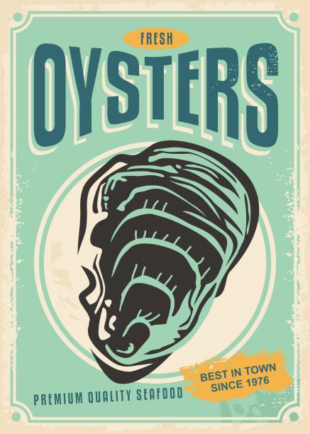 ilustraciones, imágenes clip art, dibujos animados e iconos de stock de diseño de cartel retro de ostras frescas - prepared fish illustrations